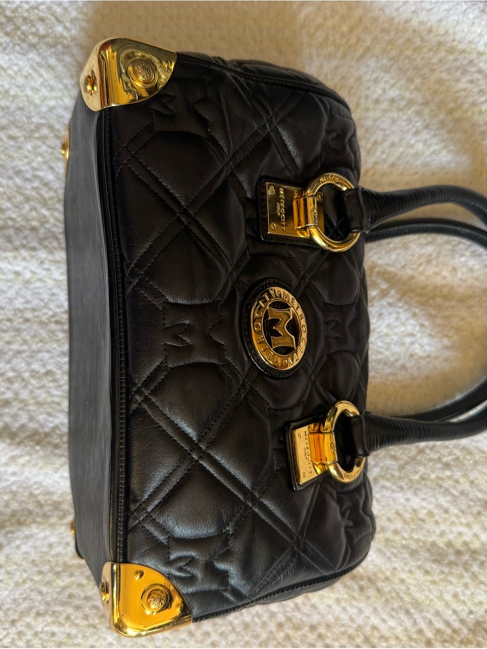 Metro City Black Quilted Leather Satchel with Gold Hardware